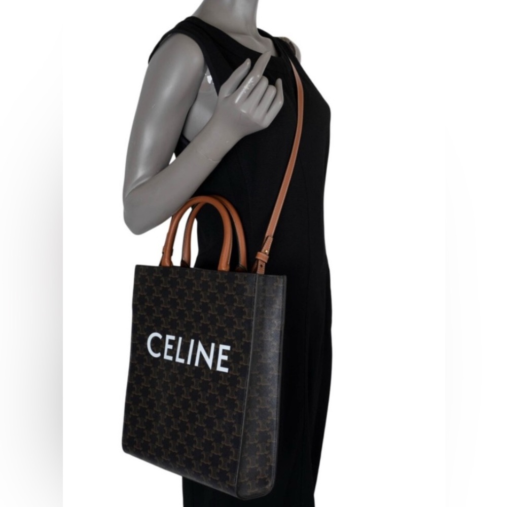 Authentic Celine Black and Brown Monogram Triomphe Vertical Cabas